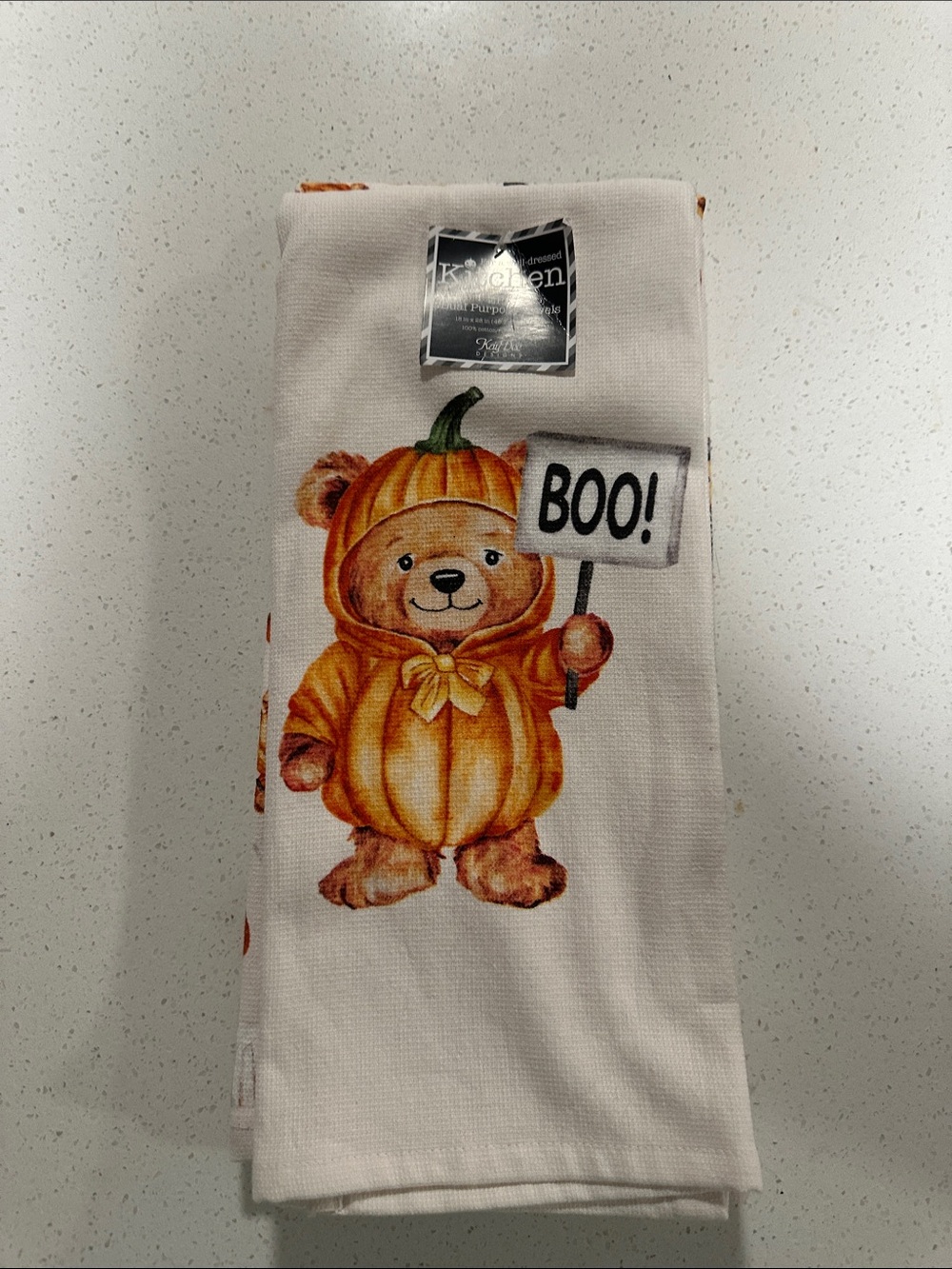Halloween Bear Pumpkin 'Boo!' Holiday Kitchen Towel - White & Orange